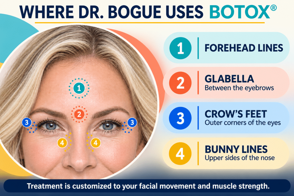 BOTOX treatment map showing forehead, glabella, crow’s feet, and bunny-line injection areas