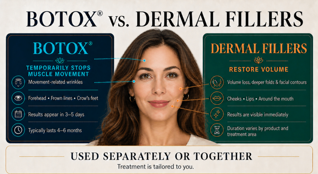 Comparison of Botox and dermal fillers, including treatment goals, facial areas, onset, and duration