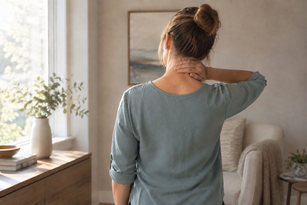Woman seen from behind resting a hand on her neck in a softly lit room