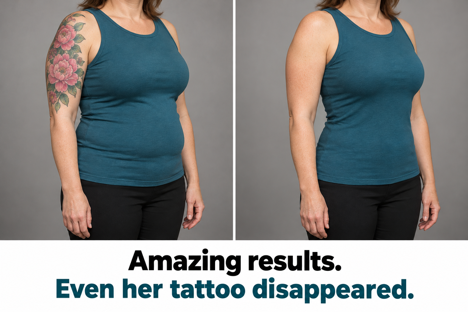 Fictional before-and-after comparison with a flatter abdomen and a shoulder tattoo that disappears in the second image.