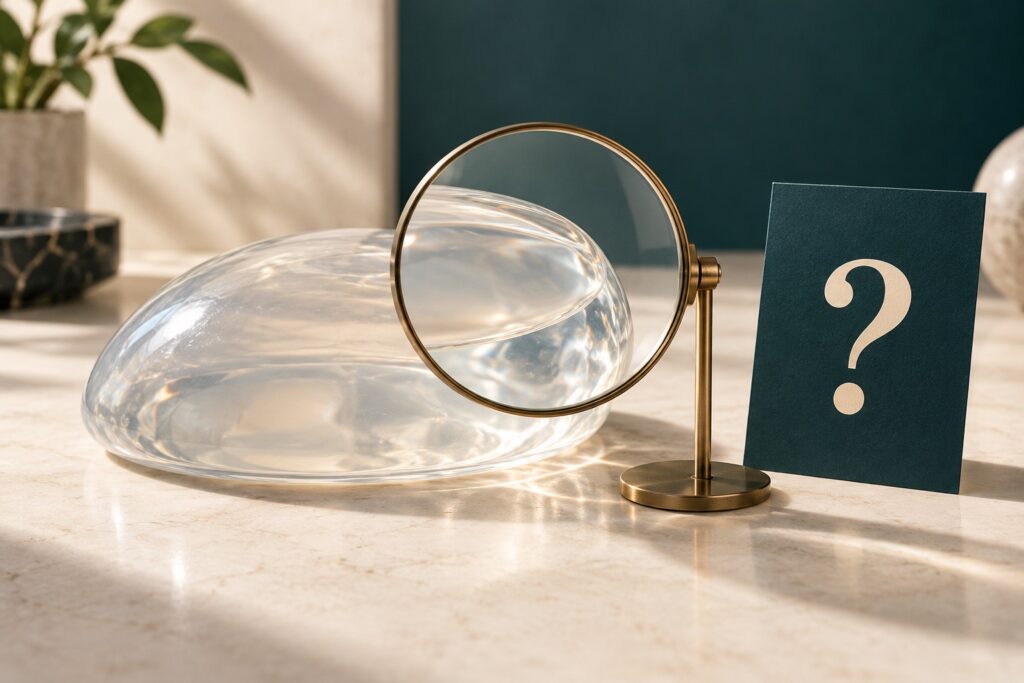 Conceptual illustration of a breast implant model beneath a magnifying glass beside a question mark.